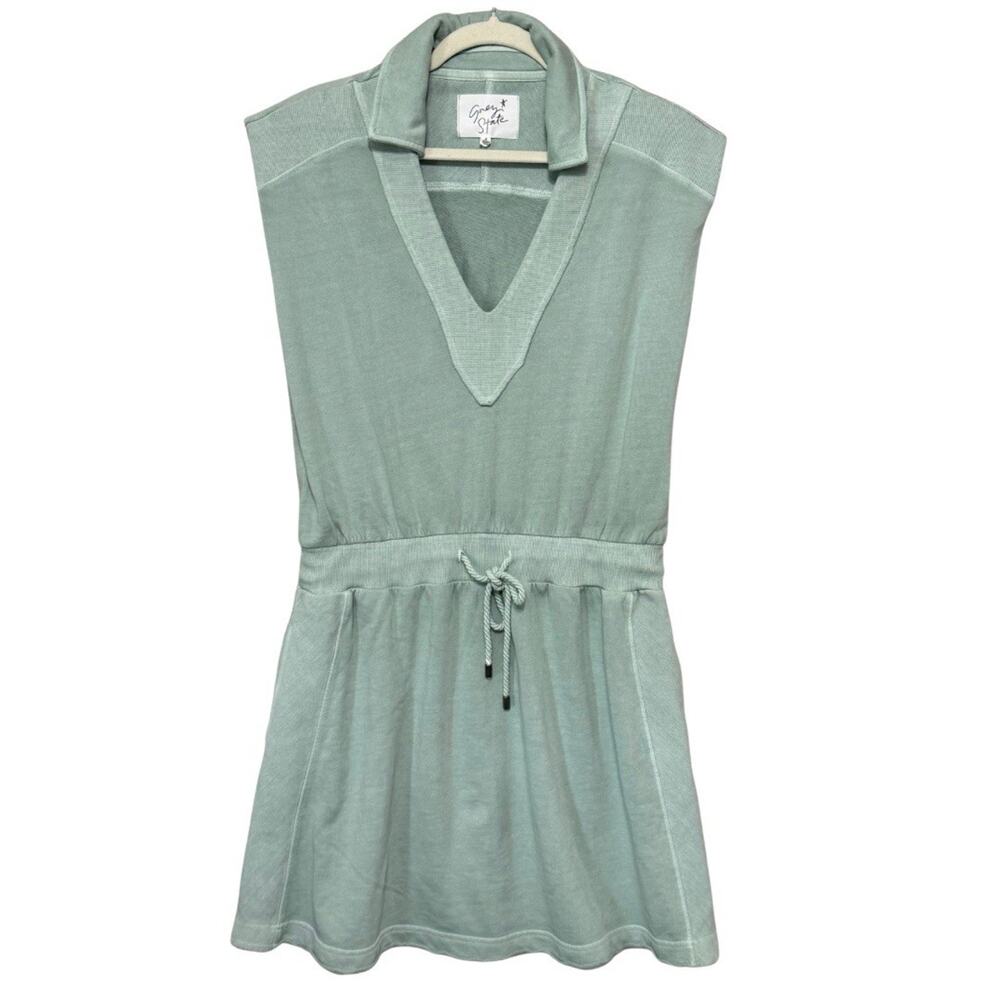Grey State WASHED RORY DRESS Size M Eucalyptus Green Cotton Mini Pockets EUC